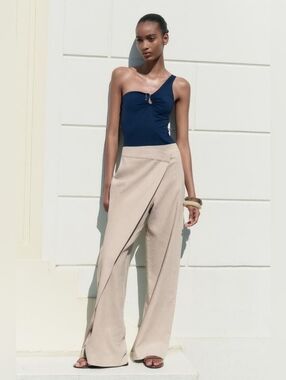 Zara Light Beige Linen Wide-Leg Trousers